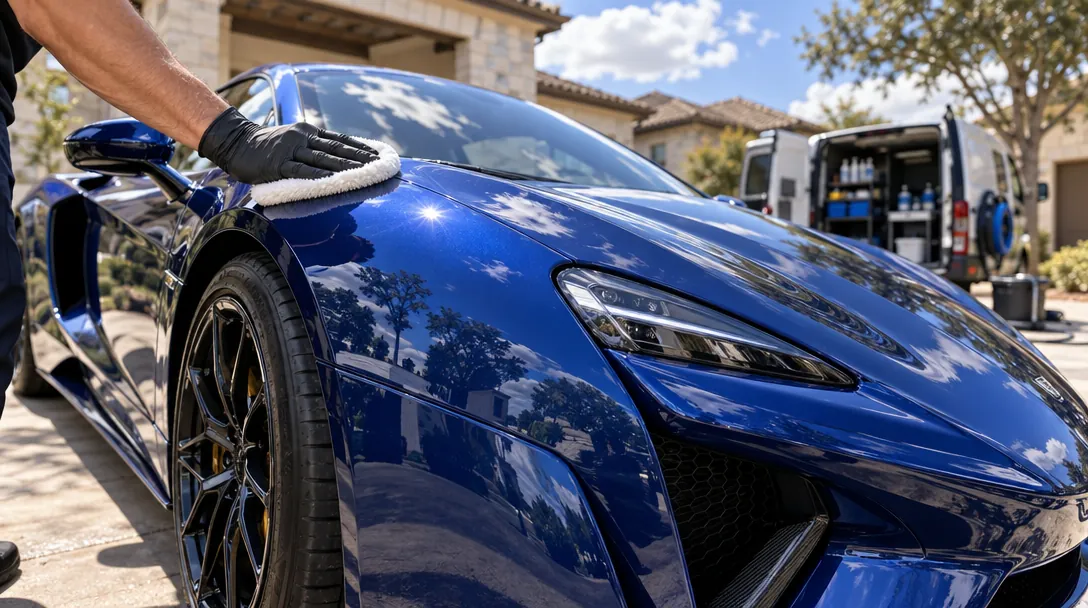3D render of a sports car being hand-polished beside a mobile detailing van
